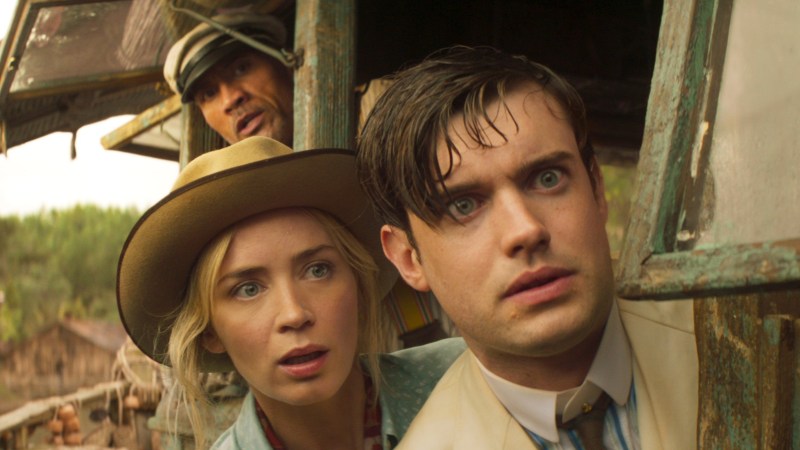 Image from the action adventure film Jungle Cruise (2021) showing stars Dwayne Johnson, Emily Blunt and Jack Whitehall